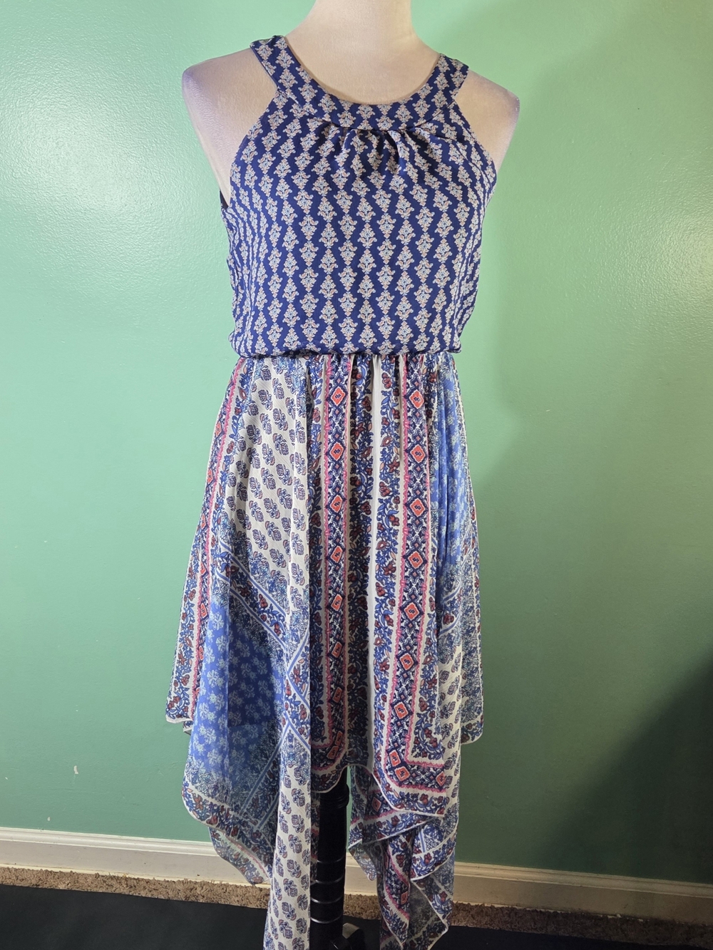 Speechless Blue and White Printed Halter Dress with Coral Accents